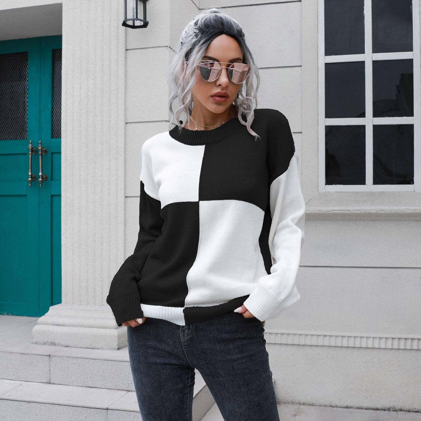 DESIGN SENSE CHECKERED LONG-SLEEVED SWEATER