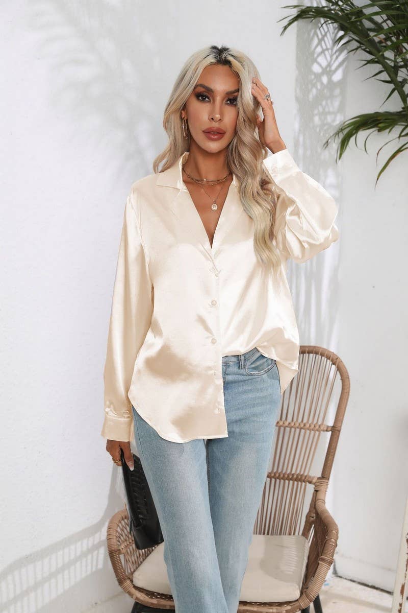 CWTBLL0693_Button Down Silky Satin Long Sleeve Top