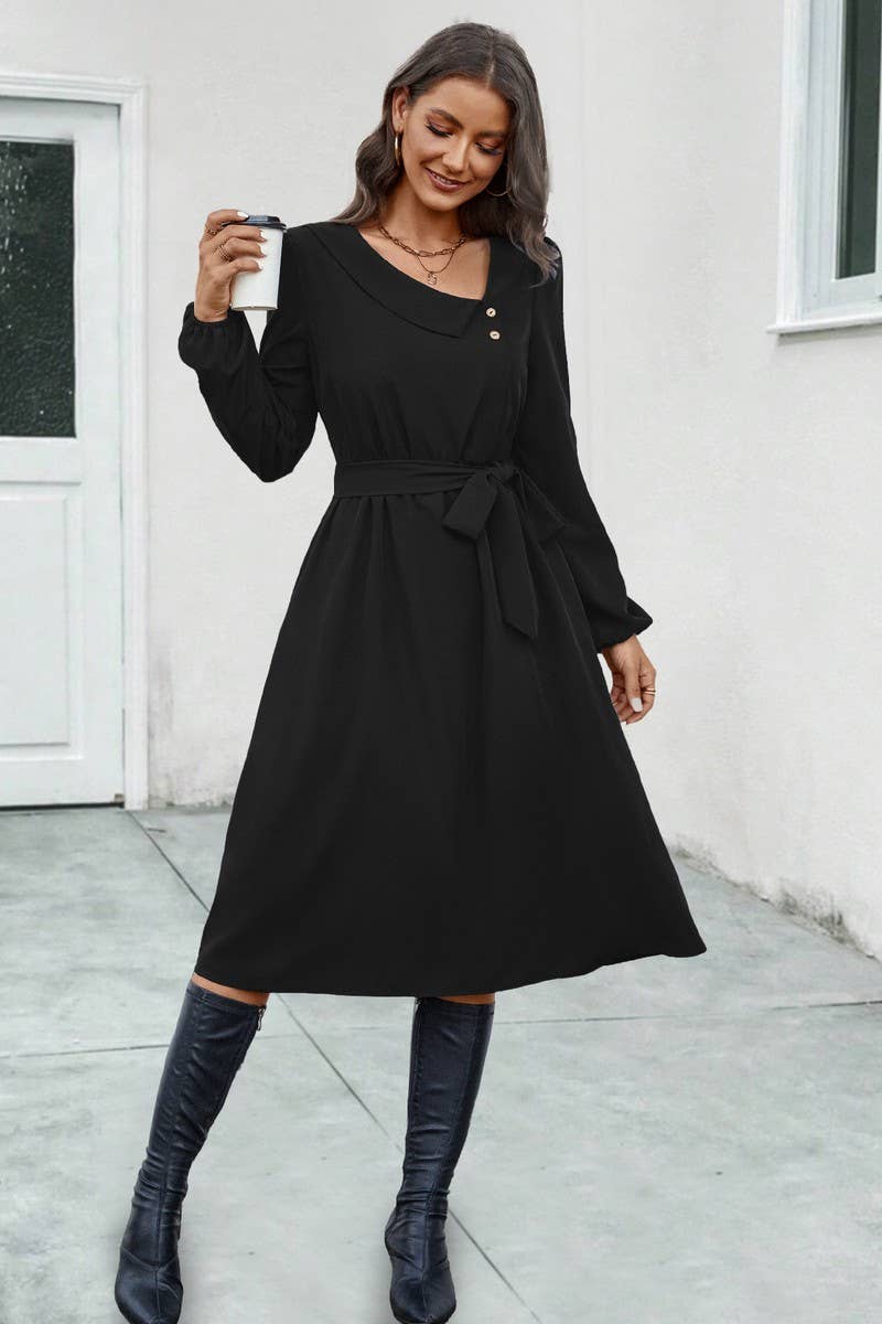 CWDSD4869_IRREGULAR NECKLINE TIE LONG SLEEVE DRESS