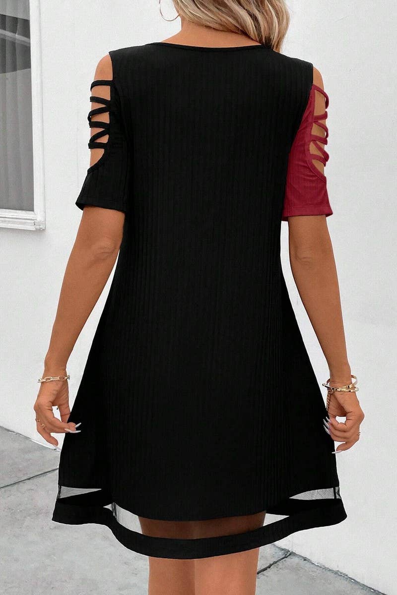 CWDSD7555_TEMPERAMENT COLOR MATCHING HOLLOW MESH DRESS