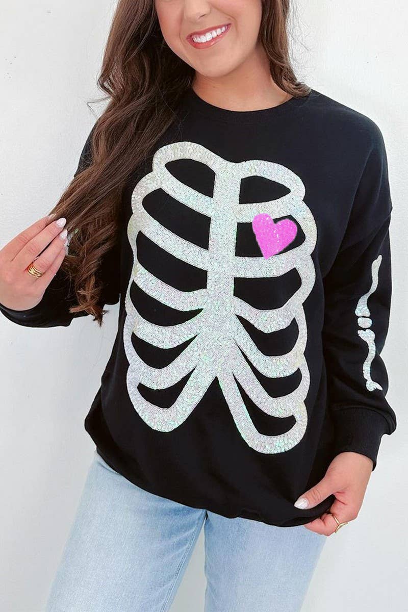 CWTBLL01245_HALLOWEEN SEQUIN SKELETON LONG SLEEVE SWEATSHIRT