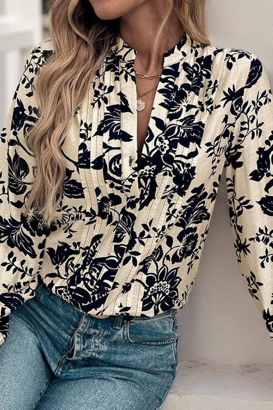 CWTBLL2033_VINTAGE PRINT PLEATED STAND COLLAR SHIRT TOP