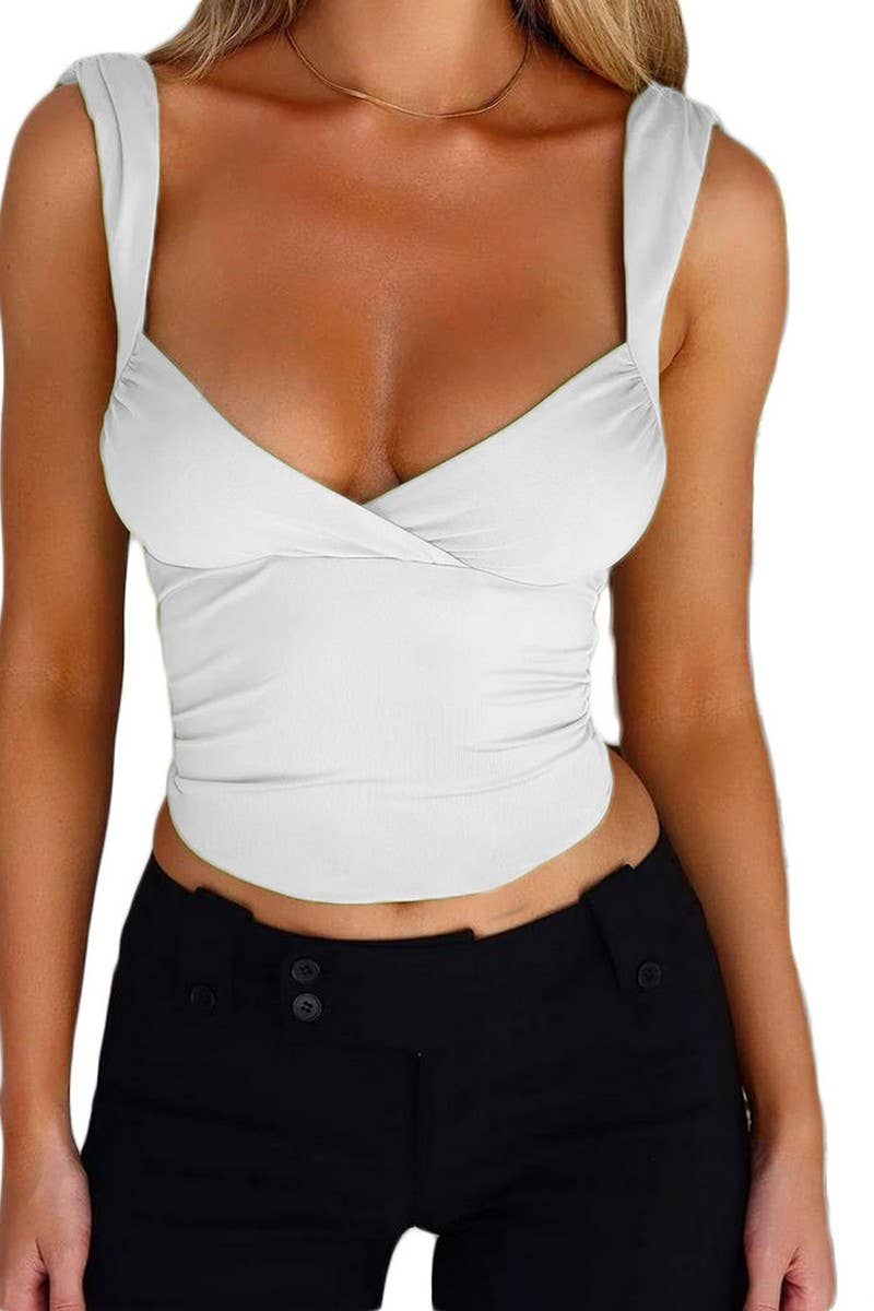 CWTBLSL0584_CROSS-OVER LARGE V-NECK BACKLESS LACE-UP TOP