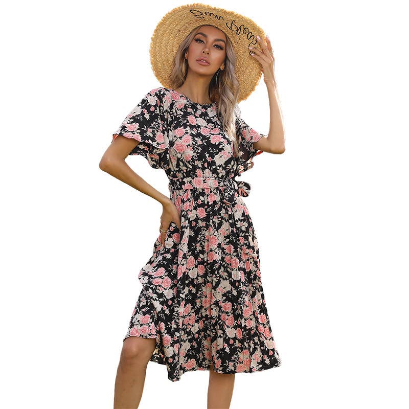 Crew-neck lace-up pleated print dress