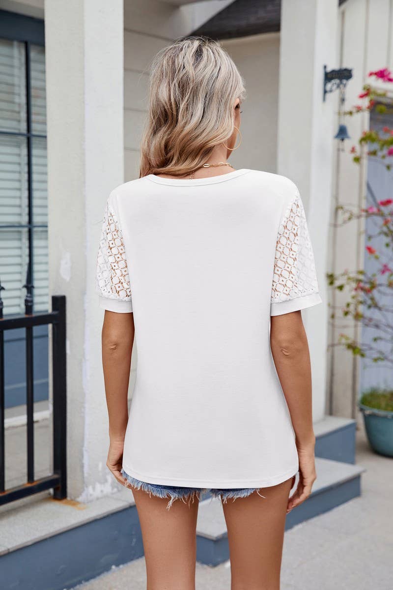 CWTBLS1738_SOLID COLOR V-NECK SHORT-SLEEVED T-SHIRT TOP