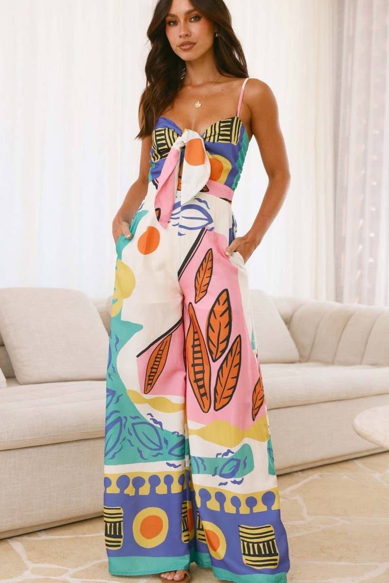 CWSJS1621_CASUAL DIGITAL PRINT FRONT TIE JUMPSUIT