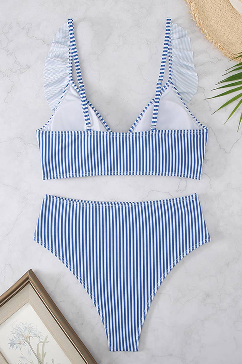 CWMW0794_STRIPED HIGH WAISTED V-NECK RUFFLED SWIMSUIT