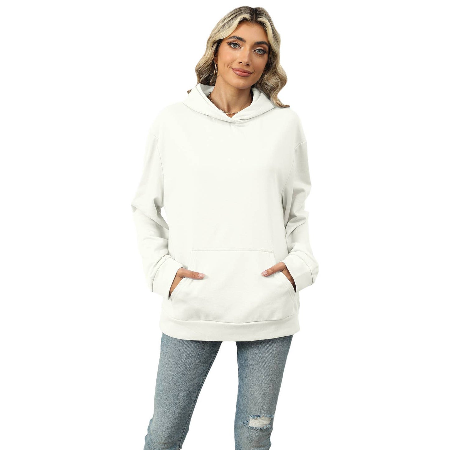 CASUAL HOODED POCKET HOODIE SOLID COLOR TOP