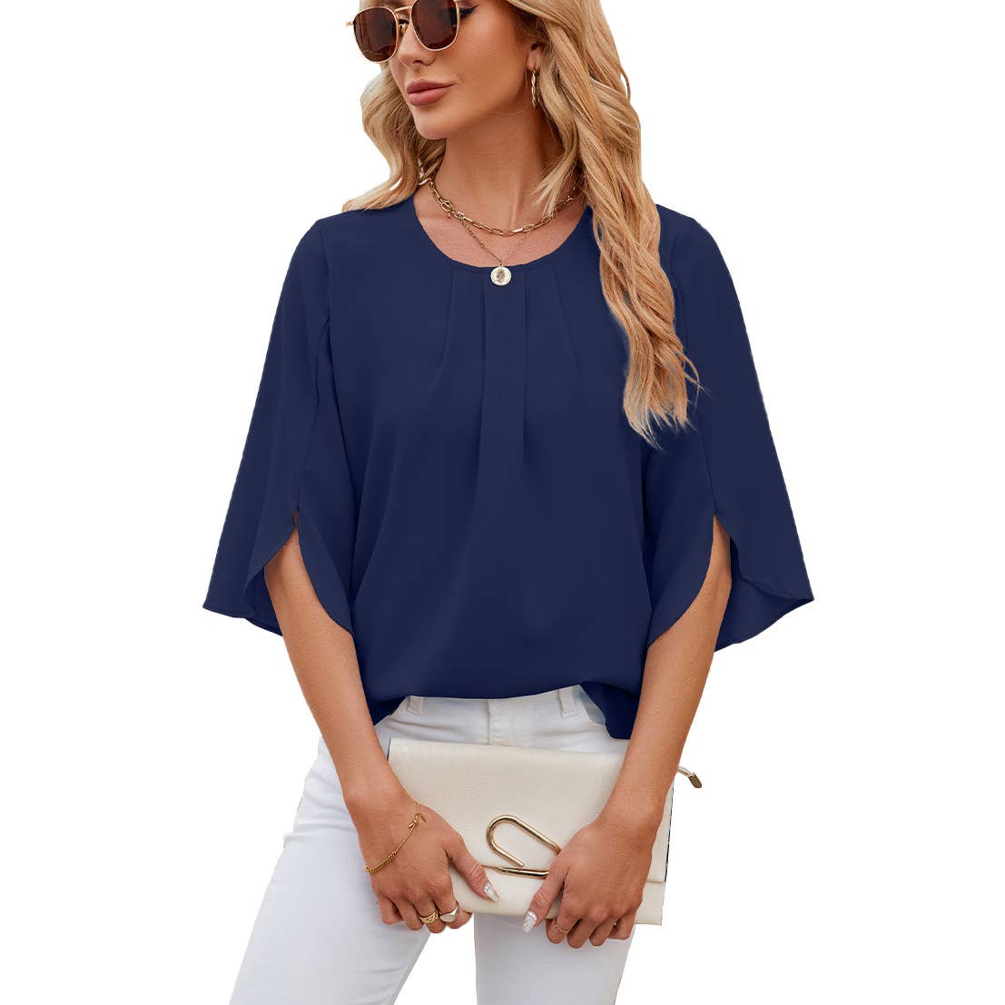 Crew-neck loose chiffon with five-quarter sleeves