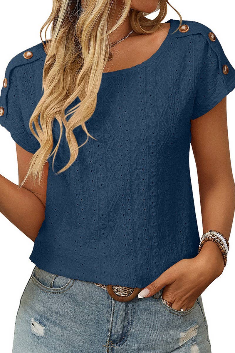 CWTBLS1709_ROUND NECK BUTTON SHORT SLEEVE CUTOUT TOP