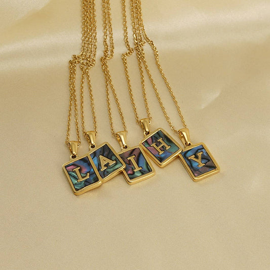 CWAJE1930_Square Stainless Steel Color Shell Letter Necklace