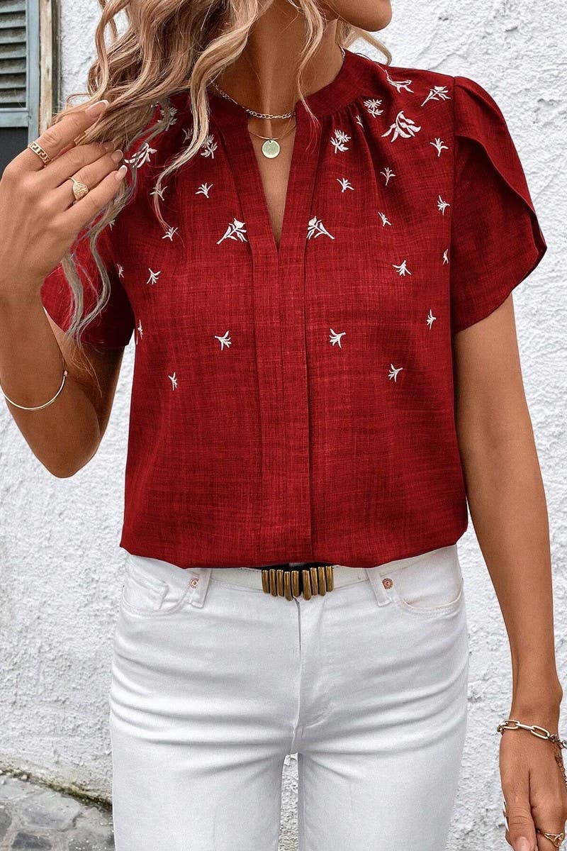 CWTTS1389_SUMMER SOLID COLOR HALF OPEN COLLAR PRINTED TOP