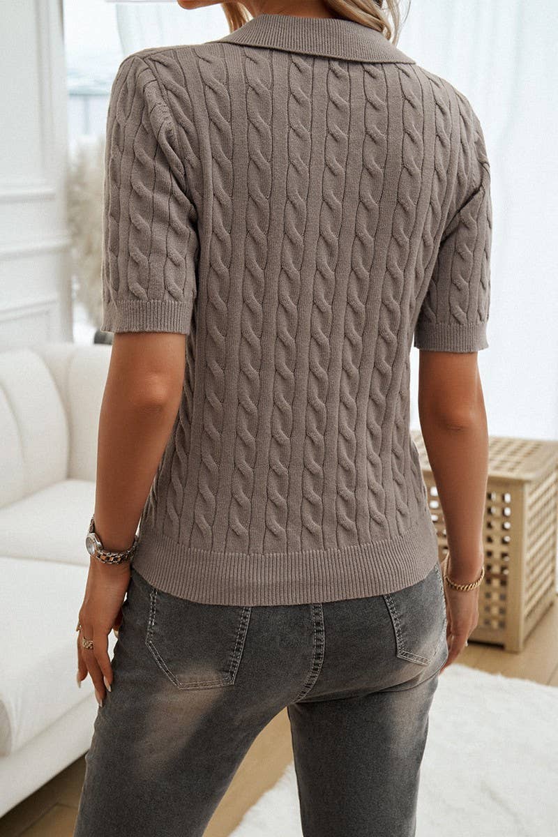 CWOSWS0101_V NECK LAPEL SHORT SLEEVE KNITTED SWEATER