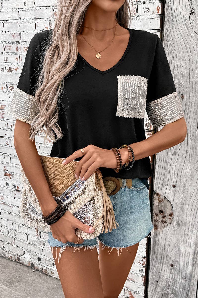 CWTBLS1993_CASUAL BLACK & WHITE COLORBLOCK SEQUIN T-SHIRT