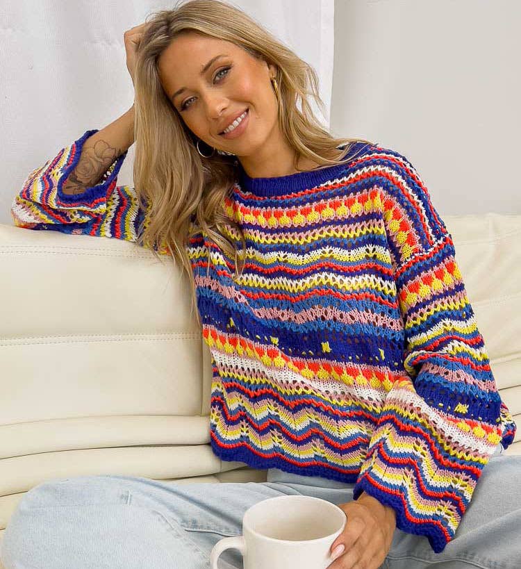 CREW NECK LONG SLEEVE PATCHWORK PULLOVER SWEATER