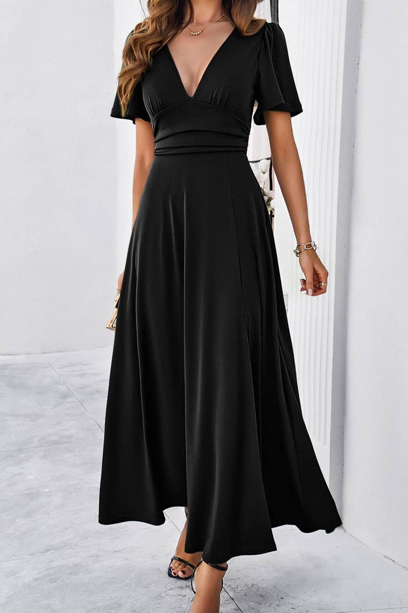 CWDMD1333_V-Neck Short Ruffle Sleeve Maxi Dress