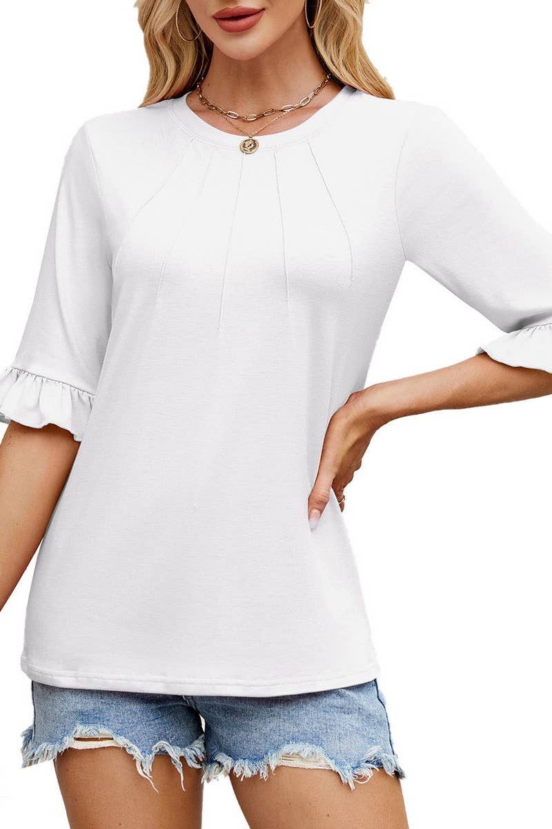 CWTBLS1725_SOLID COLOR ROUND NECK RUFFLE SLEEVES TOP