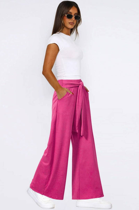 CWBLP1861_SOLID COLOR DRAPE LACE-UP WIDE-LEG PANTS