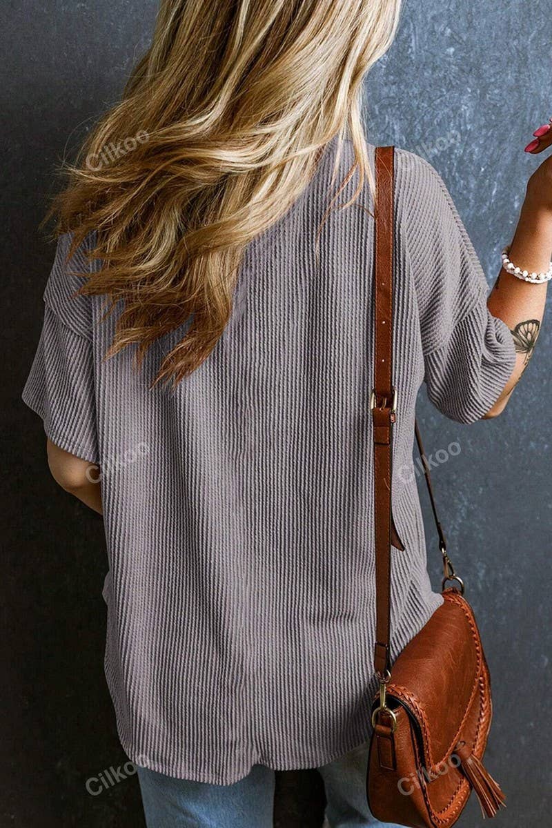 CWTTS1382_SUMMER FASHION POCKET SHORT SLEEVE V NECK TOP