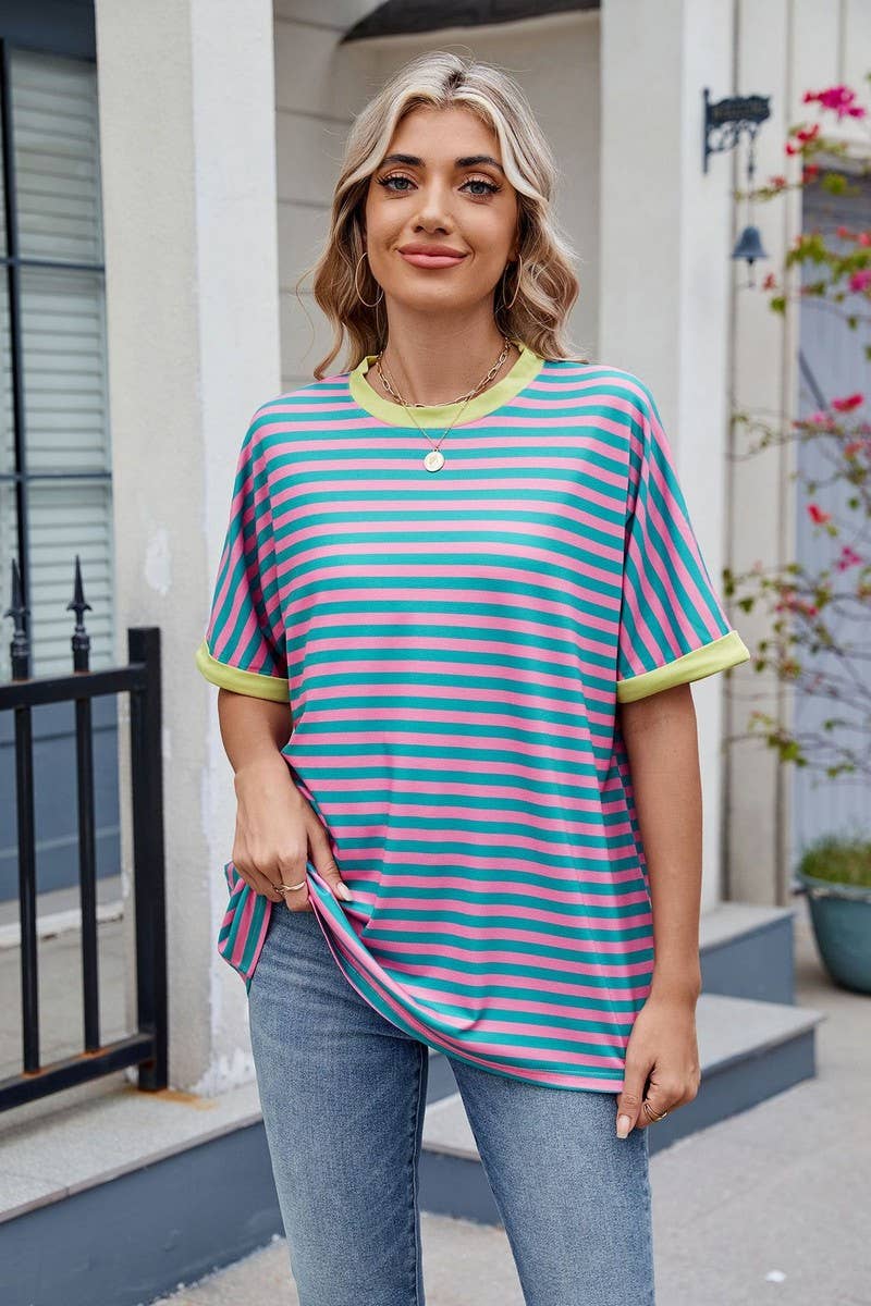 CWTTS1299_LOOSE STRIPED COLORBLOCK CREW NECK T-SHIRT TOP