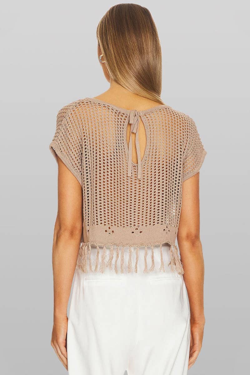 CWTBLS0743_KNITTED CREW NECK SHORT SLEEVE BEACH FRINGE TOP