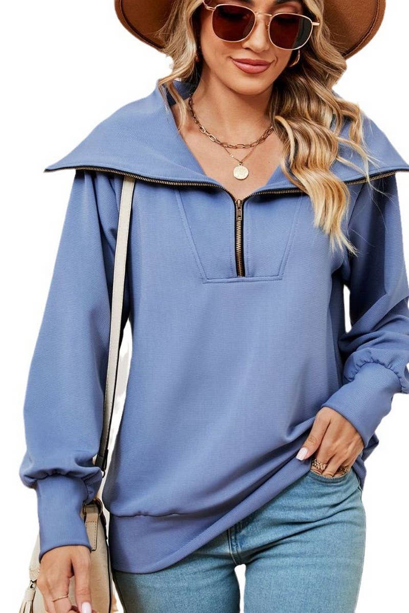 CWTBLL2400_SOLID COLOR ZIPPER LAPEL LOOSE SHAWL SWEATSHIRT