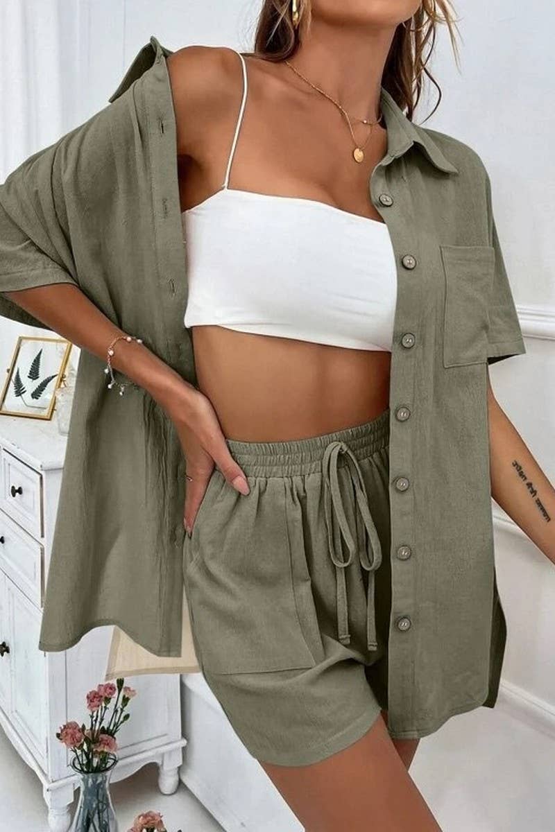 CWSS01309_FASHION SHORTS TWO PIECE SOLID COLOR SHIRT SET