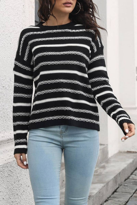 CWOSWL6406_STYLISH STRIPED CREW NECK LONG-SLEEVED SWEATER