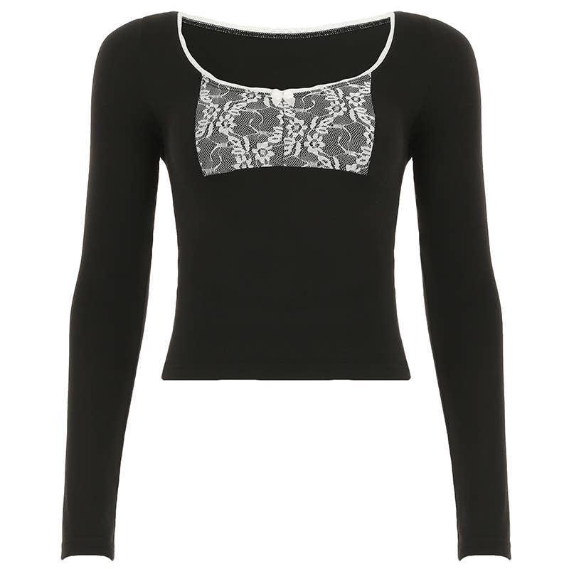 Crew-neck lace patchwork long-sleeved T-shirt