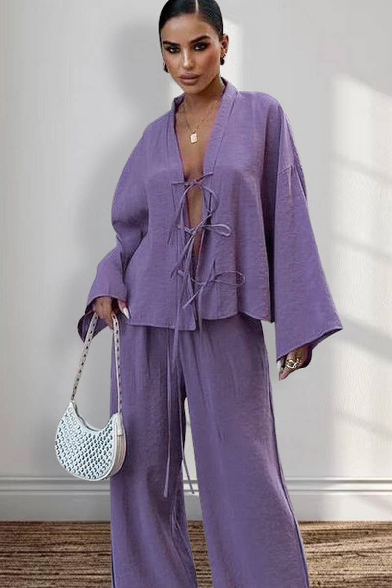 CWSPJ0370_SOLID COLOR LACE-UP CARDIGAN PAJAMA SET