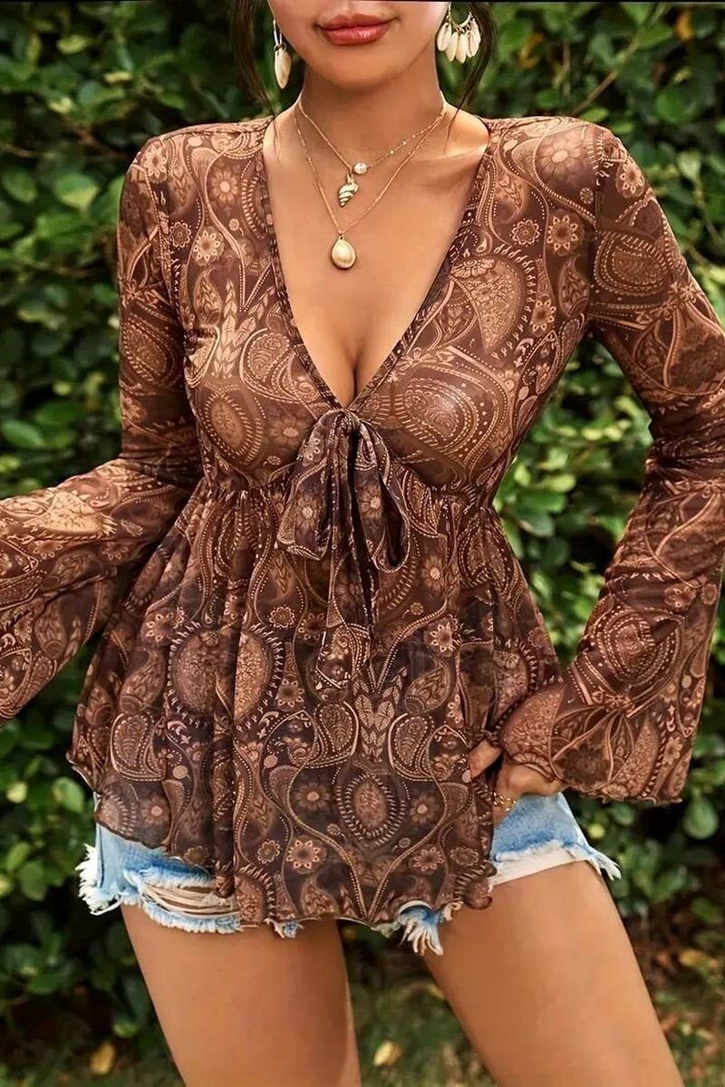 CWTBLL3892_MESH PRINT DEEP V NECK SLIM FIT LONG SLEEVE TOP