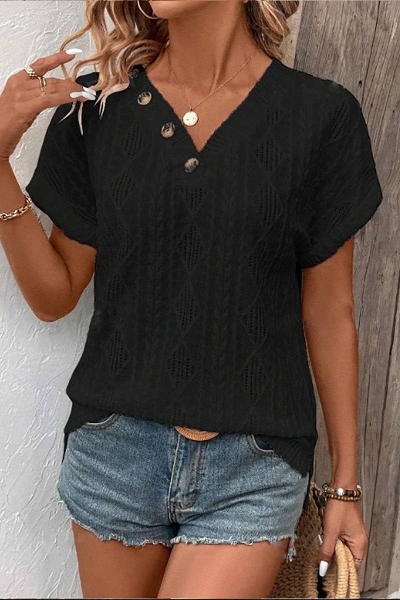 CWTBLS1794_V-NECK BUTTON-DOWN SHORT-SLEEVED TOP T-SHIRT