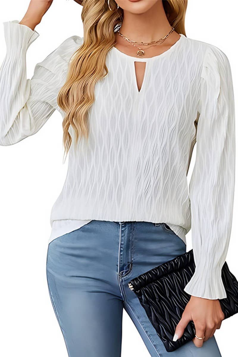 CWTBLL3615_SOLID COLOR JACQUARD ROUND NECK LONG SLEEVE TOP