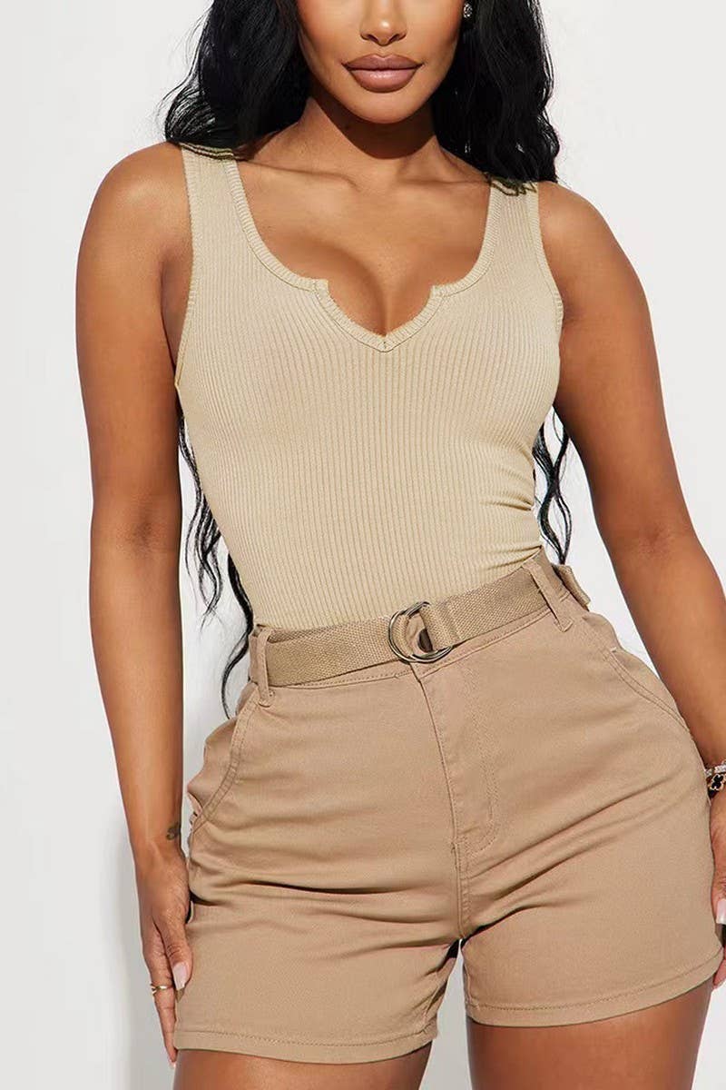 CWSBSSL0118_SOLID COLOR SLIM FIT SMALL V-NECK VEST BODYSUIT