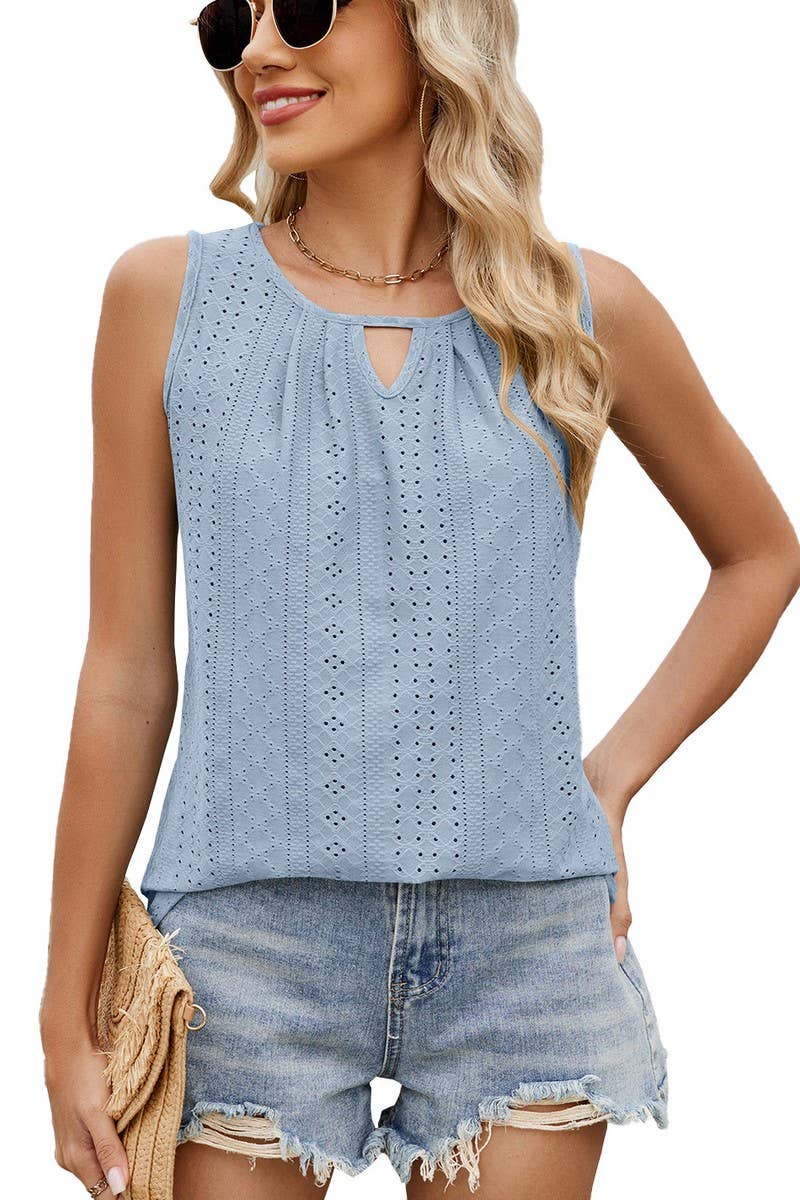 CWTTSL0316_SUMMER ROUND NECK HOLLOW PLEATED VEST T-SHIRT