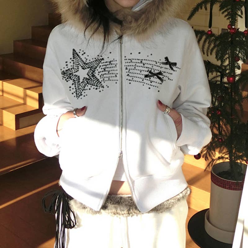 Distinctive street star rhinestone zipper jacket