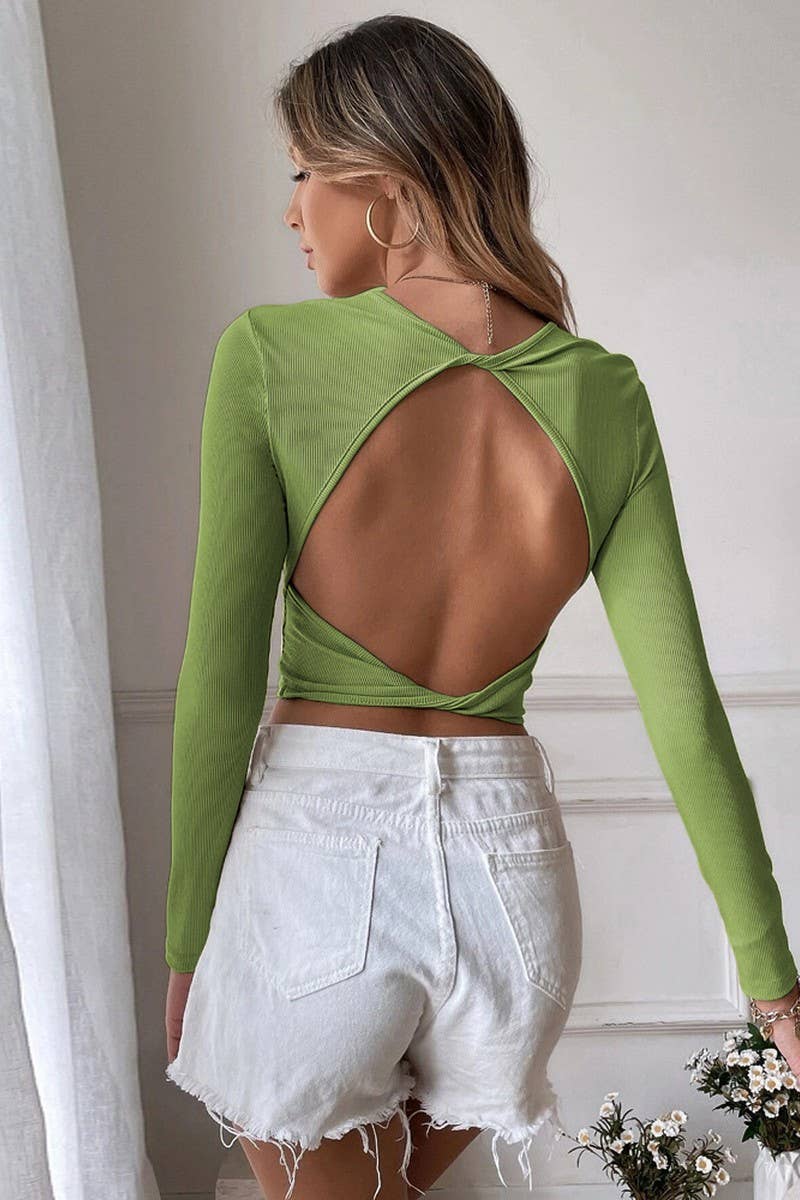 CWTBLL2703_CROPPED SLIM FIT KNIT T-SHIRT TOP WITH OPEN BACK