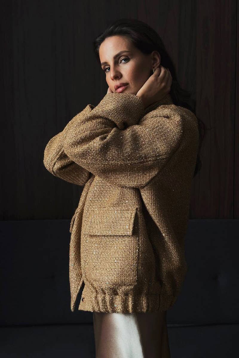 CWOCO0361_FALL FASHION GOLD SEQUIN LONG-SLEEVED JACKET