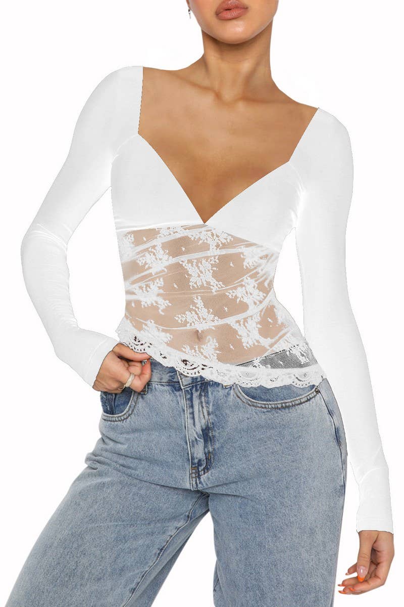 CWTBLL1614_SOLID COLOR V-NECK LACE PATCHWORK TOP