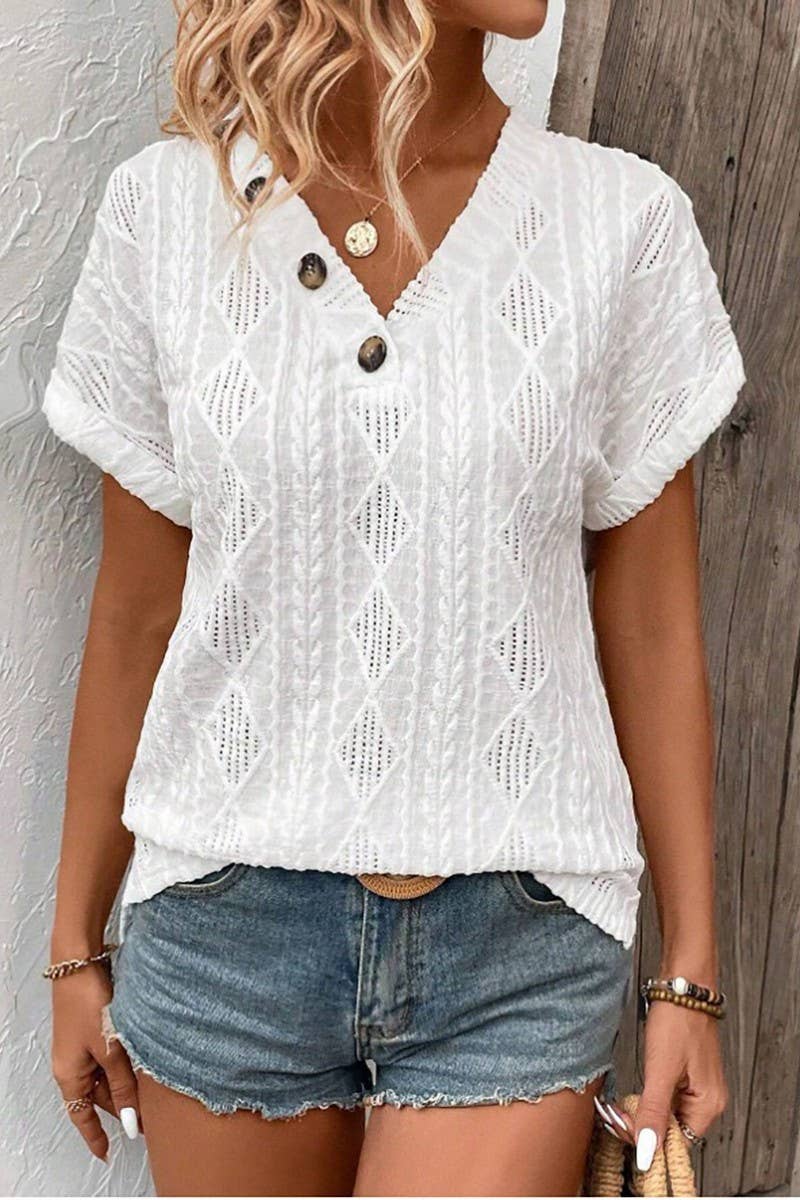 CWTBLS1794_V-NECK BUTTON-DOWN SHORT-SLEEVED TOP T-SHIRT