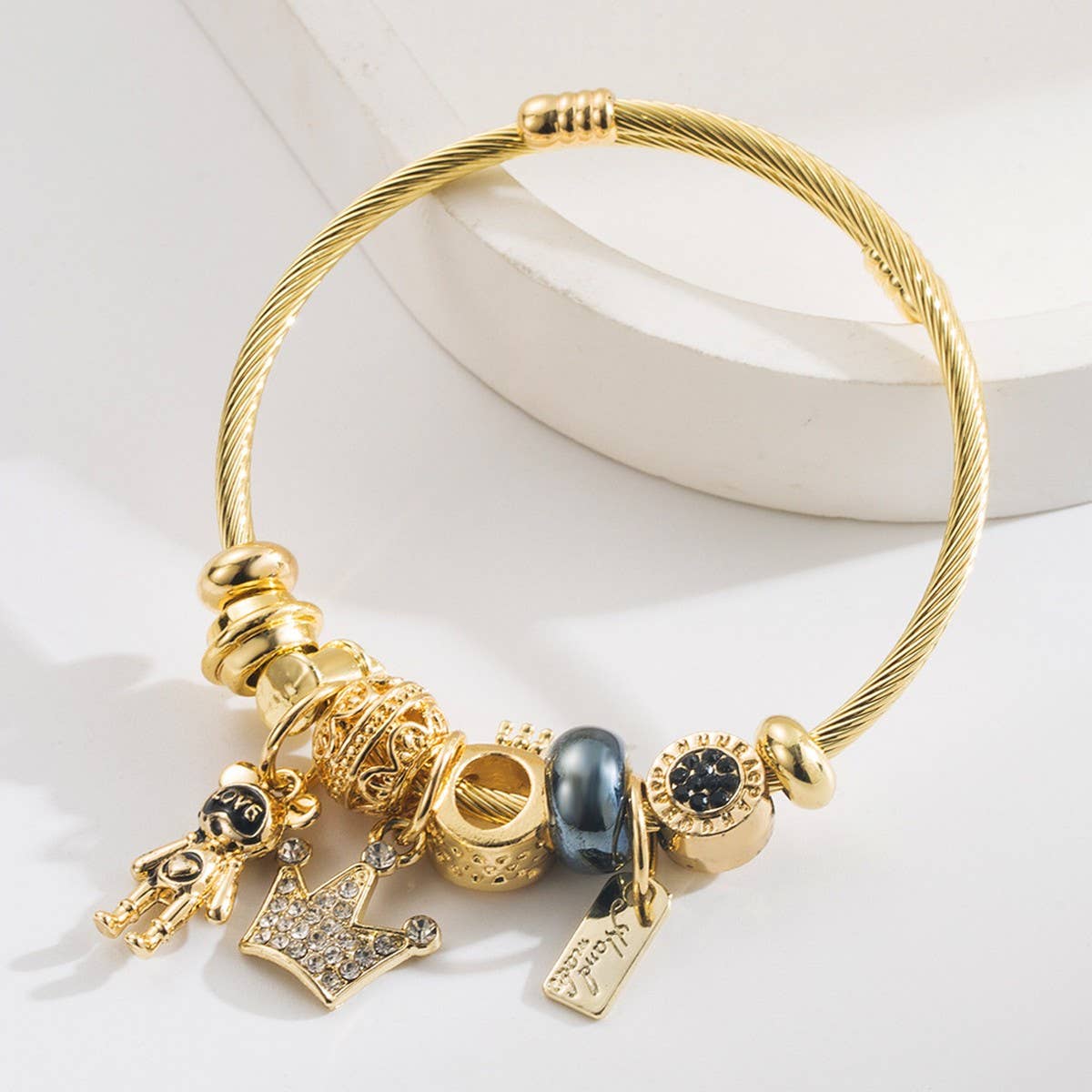 DIY Crown Bear Letter Charm Couple Bracelet