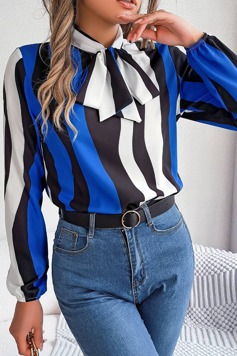 CWTSTL1207_LONG SLEEVE STRIPED LACE-UP CHIFFON SHIRT TOP