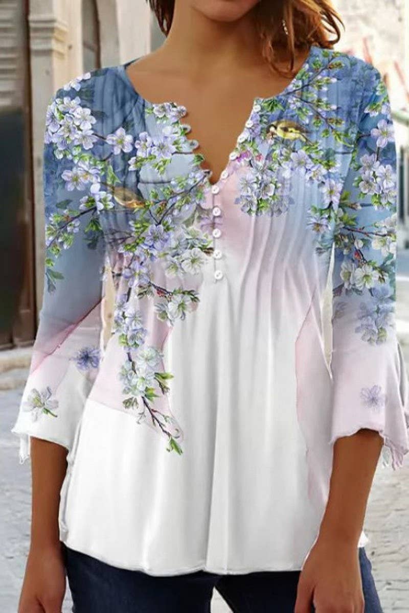 CWTTS1452_SPRING AND SUMMER V-NECK FLORAL BOTTOMING SHIRT