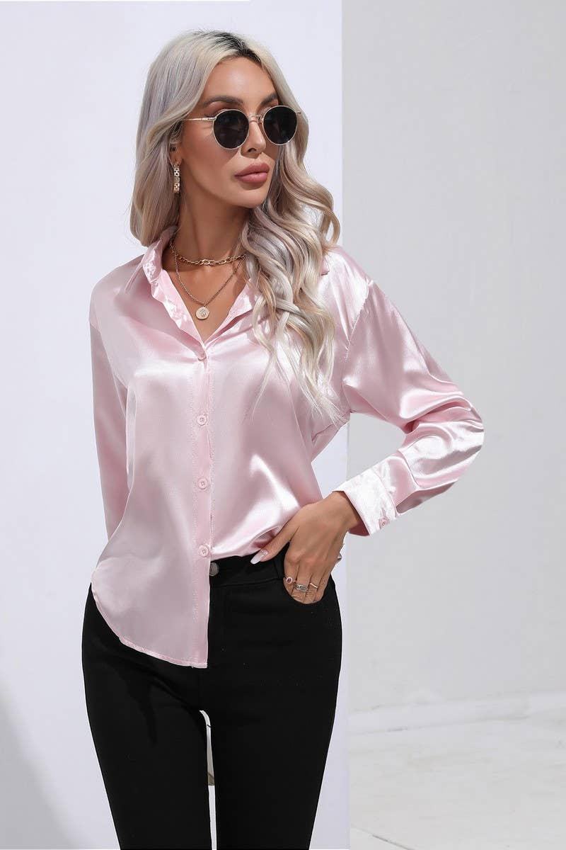 CWTBLL0690_Button Down Silky Satin Long Sleeve Top