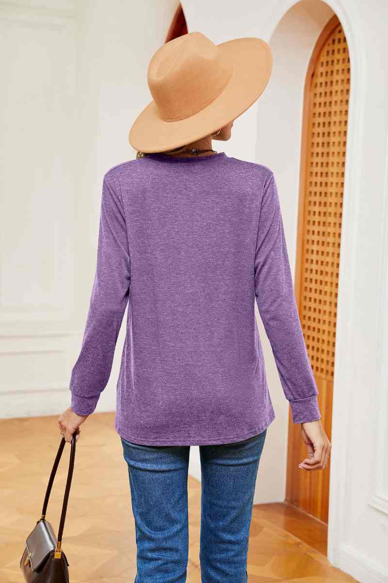 CWTBLL2834_V-NECK BUTTON-UP LONG-SLEEVED BAGGY TOP