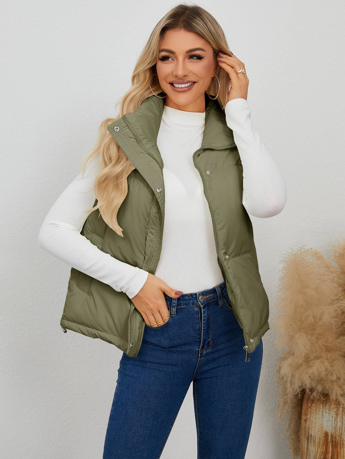 Cotton-padded stand-up collar waistcoat