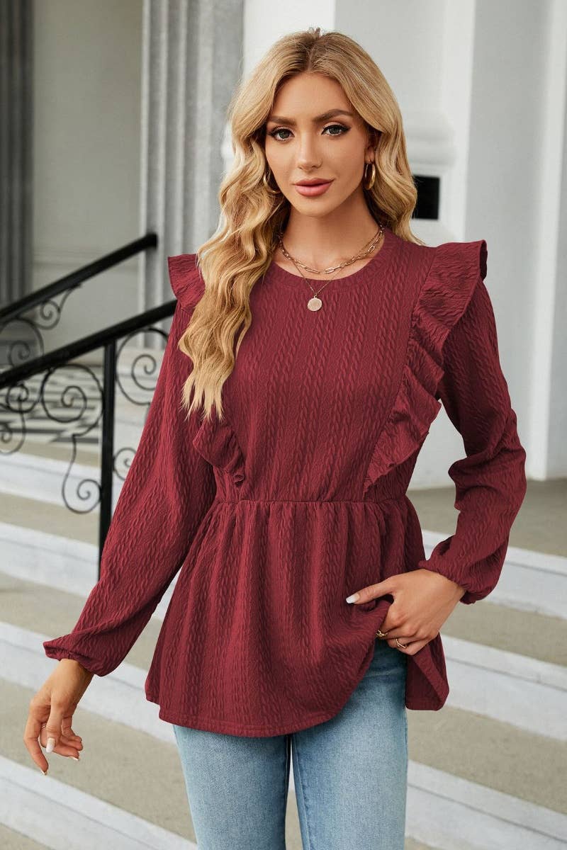 CWTBLL2827_AUTUMN LONG SLEEVE SOLID COLOR PLEATED TOP
