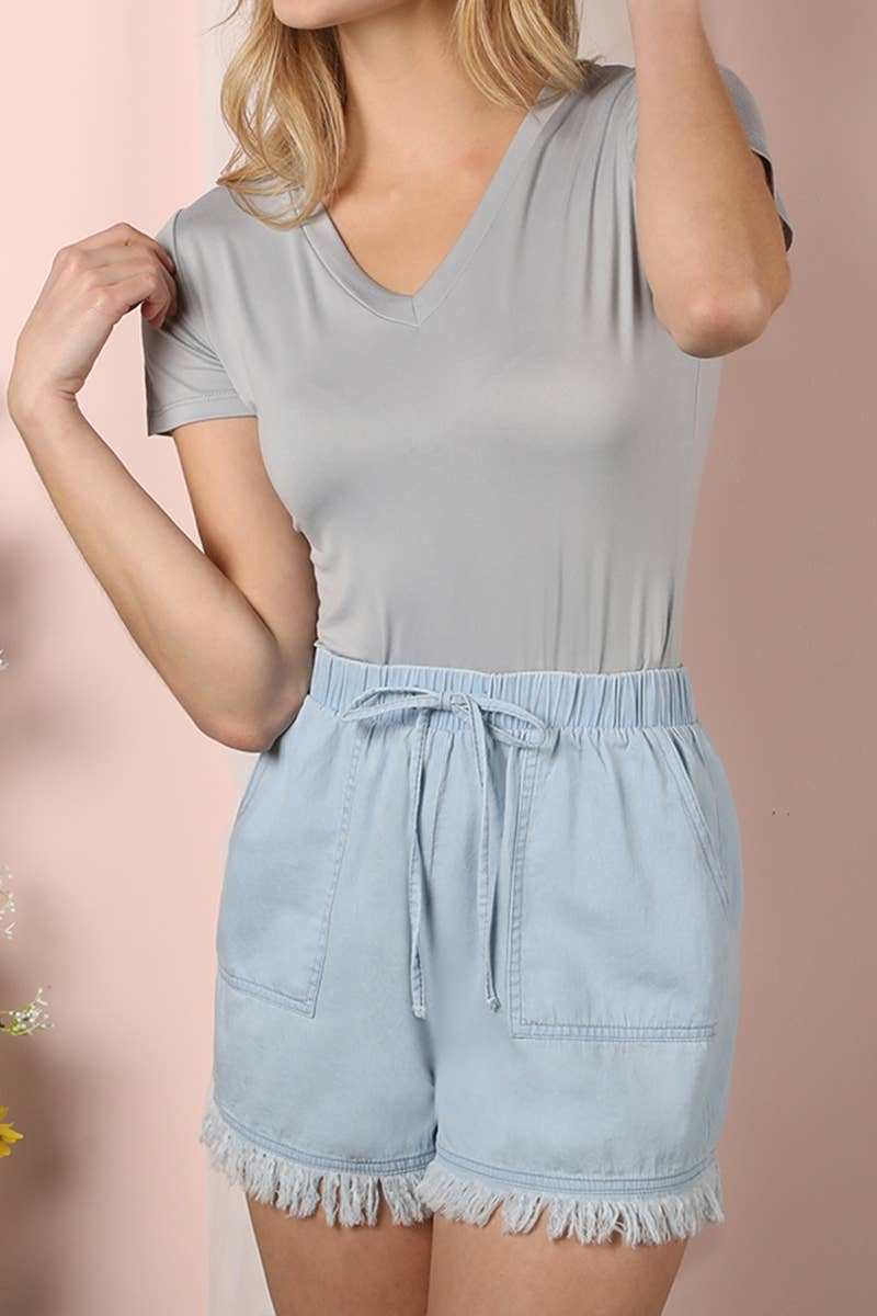 CWBSP134_FRINGE MINI HEM SHORTS WITH DRAWSTRING WAIST
