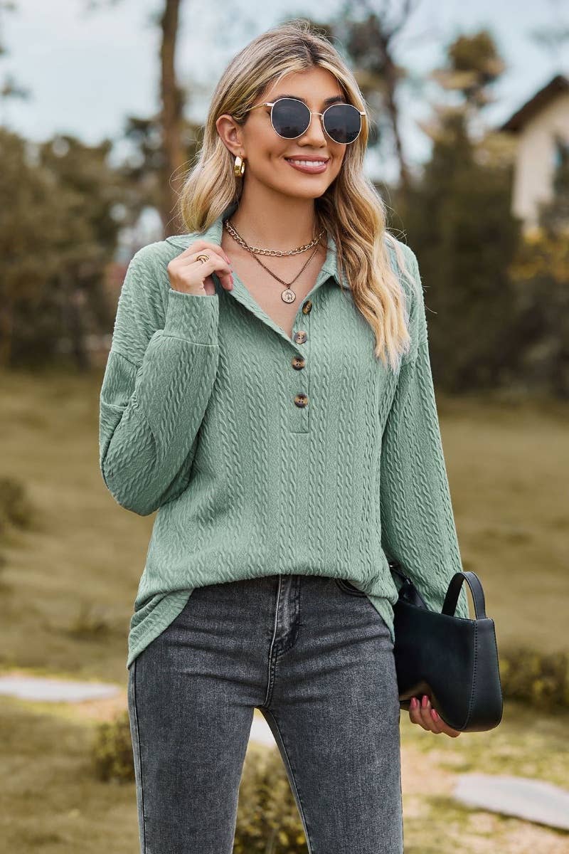 CWTBLL2803_LAPEL BUTTON-DOWN LONG-SLEEVED BAGGY TOP