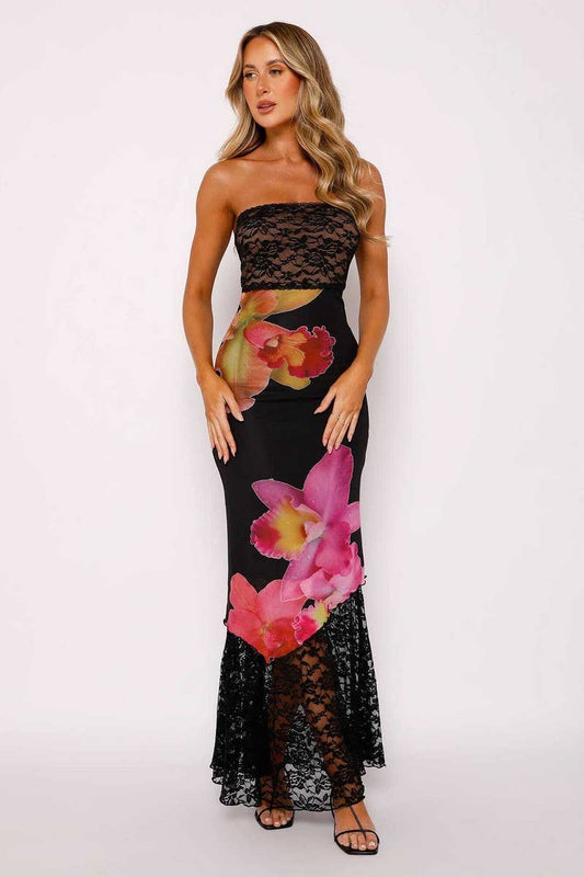 CWDMD5992_LACE TRIM STRAPLESS BACKLESS BODYCON DRESS